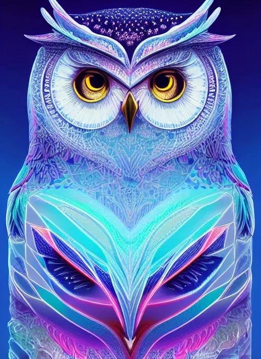 Image similar to symmetry!! product render poster vivid colors divine proportion owl, ice and snow, glowing fog intricate, elegant, highly detailed, digital painting, artstation, concept art, smooth, sharp focus, illustration,