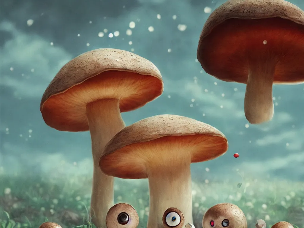 Image similar to award winning hyper-realistic portrait of a mushroom with large round eyeballs, film still in the style of Studio Ghibli, by Hayao Miyazaki, high quality, detailed, 8k, amazing