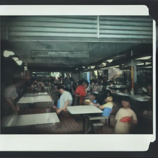 Image similar to polaroid photo of a hawker centre, cinematic lighting