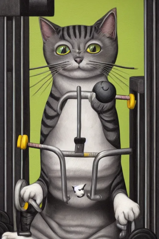 Image similar to anthro cat working out in the gym, an ultrafine detailed painting by mark ryden, trending on deviantart, pop surrealism, whimsical, lowbrow, grotesque