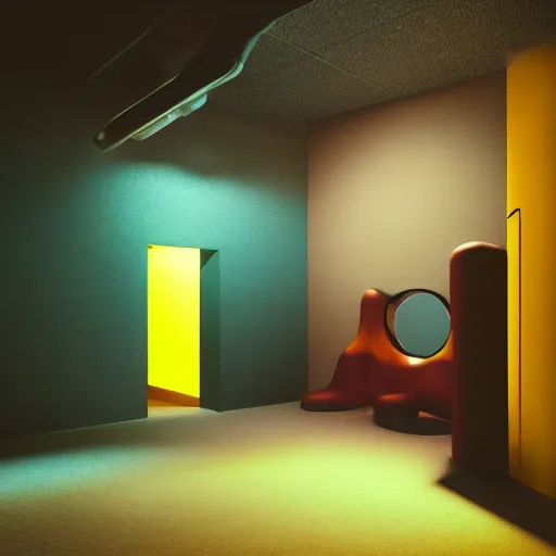 Image similar to noisy color photograph of a retrofuturist liminal space, dark pit, minimalist, cinematic, soft vintage glow, 3d render, octane render, photorealism