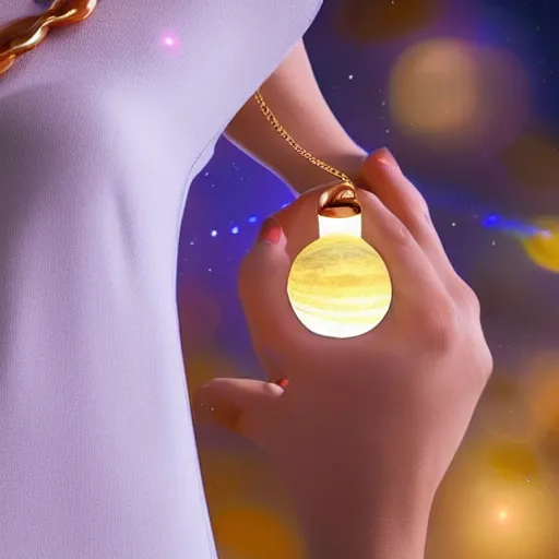 Image similar to a closeup of a woman wearing a neckless on the neck with a glowing planet Saturn as the pendant, the rings are glowing around the planet, the woman's hand reaching for the pendant, in the style of toy story Pixar movie