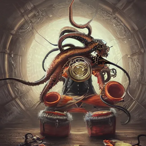 Image similar to reflected in sushi knife: fantasy steampunk Squid drummer with tentacles and frantically playing a big rock&roll drum set in the spotlight dystopian photorealistic, by Philipp A. Urlich and Pengzhen Zhang an Andreas Rocha, fantasy, intricate, elegant, highly detailed, digital painting, artstation, blender, unreal engine 5, octane render, smooth, sharp focus, illustration