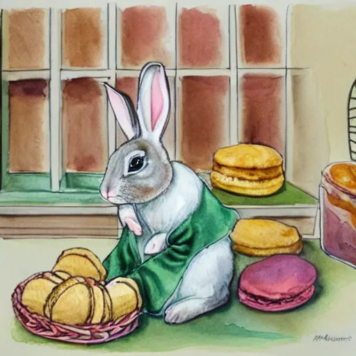 Prompt: a rabbit posing with cookies and macaroons in a kitchen, watercolour realism