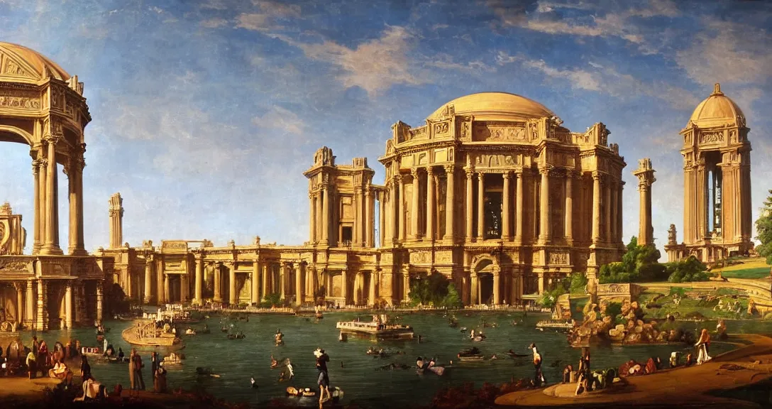 Image similar to the san francisco palace of fine arts during the intergalactic futuristic fair, romantic era painting, majestic