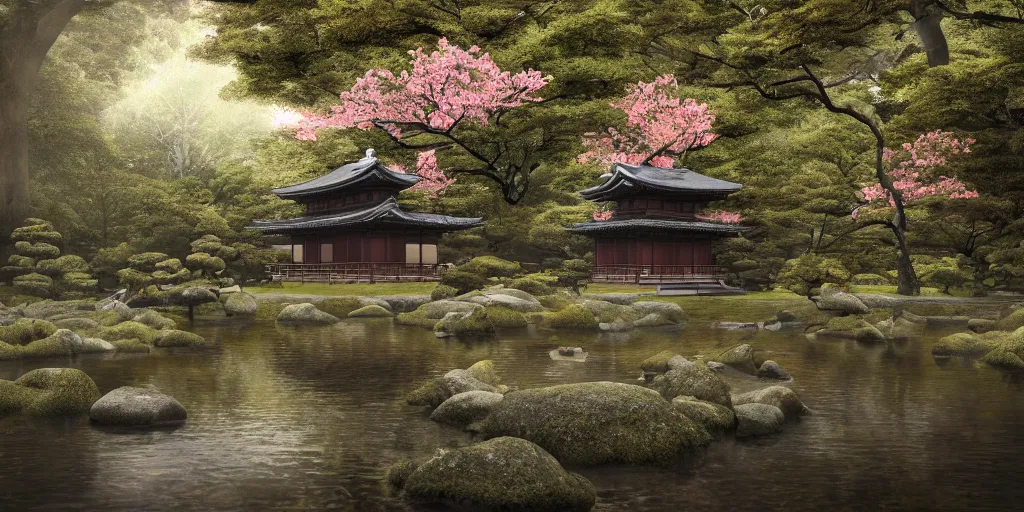 Prompt: a ancient japanese temple in the middle of a forest mear a small river, extremely highly detailed, high quality, 8K HDR, octane render, unreal engine 5, hyperrealistic, concept art, trending on Artstation, fancy lighting, cinematic, high coherence, path tracing, ruins, clouds in the sky, singular building, centered, sakura trees