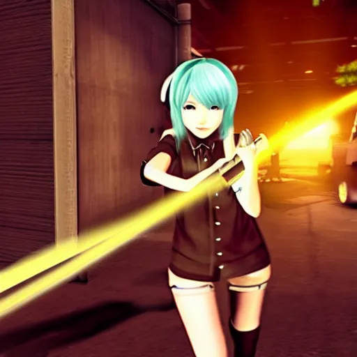 Image similar to Hatsune Miku in a Max Payne 1 game