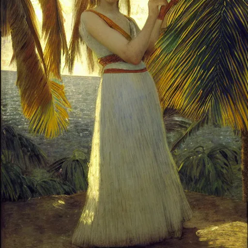 Image similar to a ultradetailed beautiful painting of a girl in the amazonas palace designed by jules bastien - lepage, hans belmer, frank weston and gustave baumann, beach, trending on artstation, mediterranean, palm trees, refracted color sparkles, sharp focus, soft light, 8 k 4 k