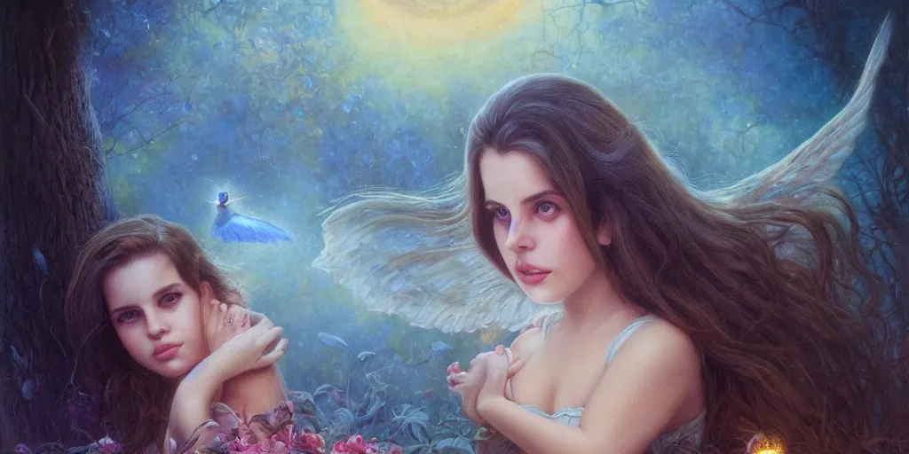 Image similar to big-eyed Lana Del Rey staring into the camera, sundown misty firefly wisps, Lilia Alvarado, Sophie Anderson, Mark Arian, Bob Byerley, Charlie Bowater, Mark Brooks, Steve Henderson, Justin Gerard, Arthur Hughes, Edward Robert Hughes, Mark Keathley, Victor Nizovtsev, Carlos Shwabe, Ross Tran, WLOP