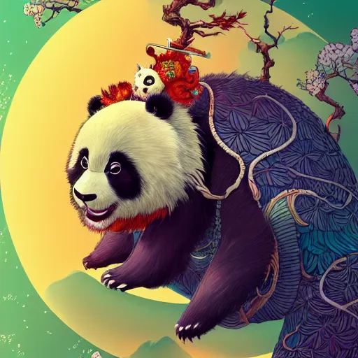 Image similar to a beautiful hyperdetailed character design 4 k wallpaper illustration of a cute panda with a chinese lion dance head victo ngai cyberpunk style, from china, style of studio ghibli, makoto shinkai, raphael lacoste, louis comfort tiffany, artgerm, james jean, ross tran, chinese style