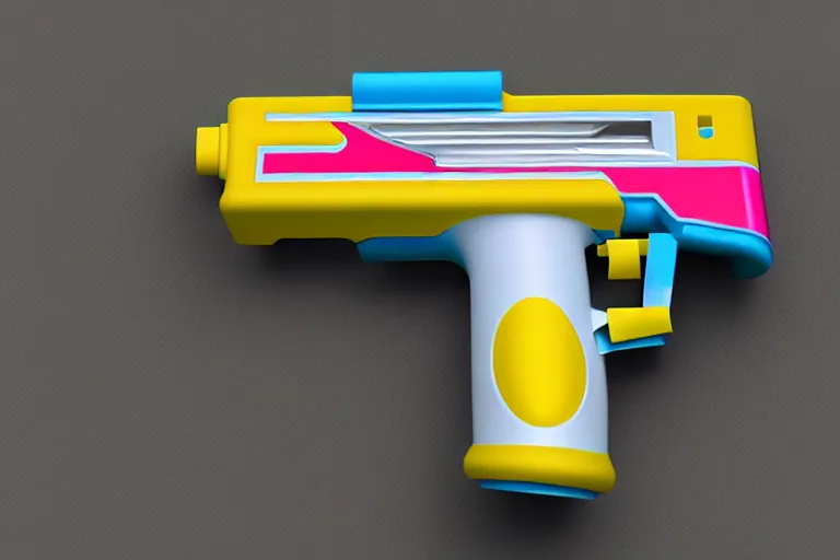 Image similar to product photo of toy hand gun made by fisher price, colorful plastic, high quality, intricate detail, realistic textures, octane render, unreal engine 5, hyperrealism