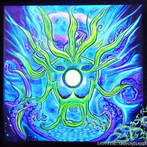 Prompt: Eldritch Sun Monster, Cosmic Horror Painting, In the Style of Blacklight