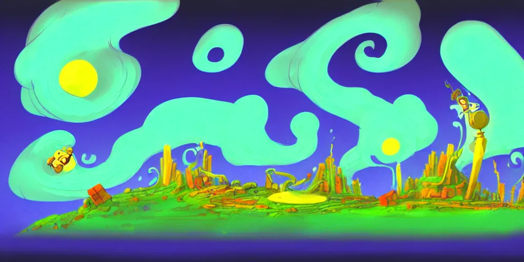 Image similar to night chubby cartoon concept art, spiral clouds, from sam and max