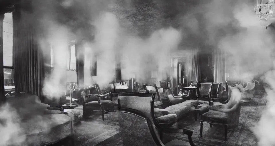 Prompt: complicated liminal victorian hotel interior with vapor clouds, Lynchian, unsettling