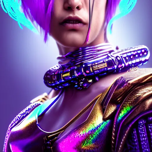 Image similar to hyperdetailed portrait of a stunningly beautiful cyberpunk british girl androgynous wizard guard made of iridescent metals and shiny purple gems, bright rainbow nimbus, silver necklace, gold background inspired by ross tran and masamune shirow and kuvshinov, concept art, intricate, photorealistic, octane render, rtx, hdr, unreal engine, dnd digital art by artgerm