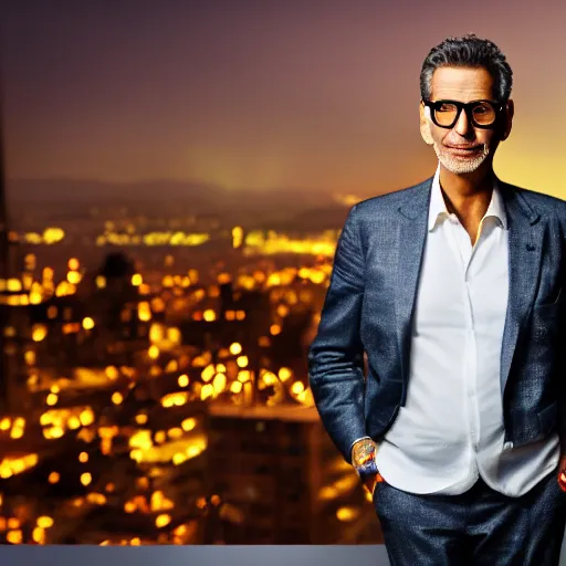 Image similar to a still of Jeff Goldblum . Shallow depth of field. City at night in background, lights, colors ,studio lighting, mood, 4K. Profession photography