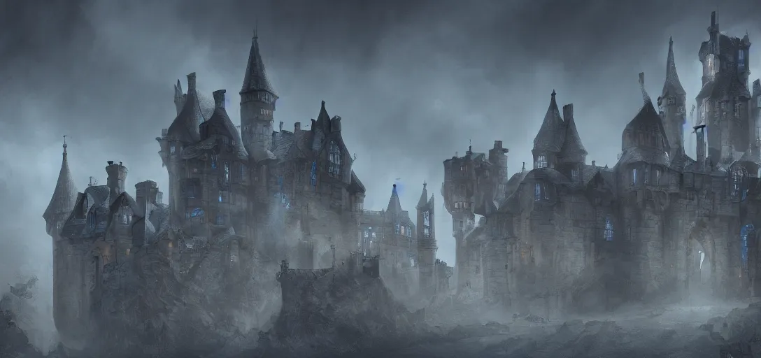 Prompt: A digital concept art painting of a dark blue medieval fantasy european ghotic castle with black brick in desert, 4K UHD image, unreal engine