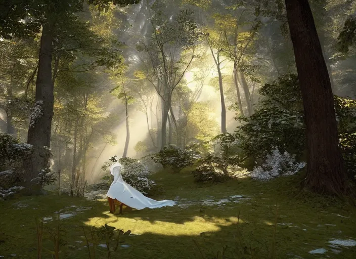 Prompt: a woman dressed in a white dress in a magical forest, painted by, mc escher, gordon onslow ford, georgia o'keeffe and ivan aivazovsky, cinematic light, god rays, colourful, unreal engine, zbrush central,