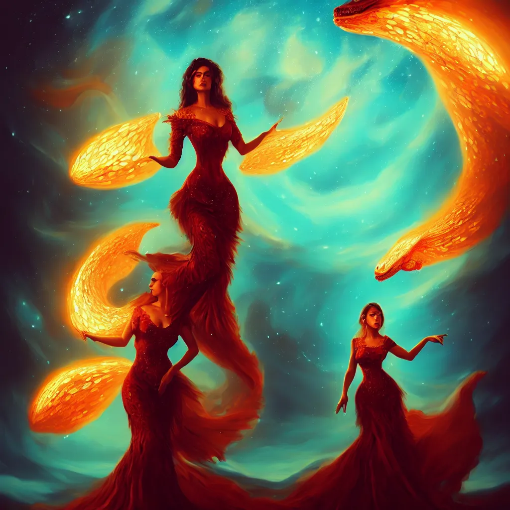 Prompt: ( hyperrealist distant portrait of a woman dressed as a flamenco and a portal of dragons, in the background the universe. ) by anato finnstark, dynamic lighting, beautiful, trending on artstation, wallpaper, 4 k, award winning, digital art, very detailed