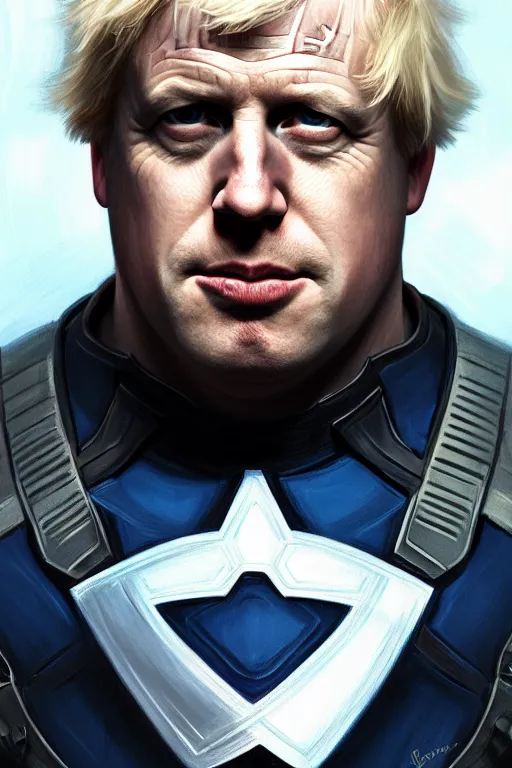 Image similar to Boris Johnson as Captain America, realistic portrait, symmetrical, highly detailed, digital painting, artstation, concept art, smooth, sharp focus, illustration, cinematic lighting, art by artgerm and greg rutkowski and alphonse mucha