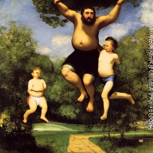Image similar to obese father jumping on a trampoline with his children, painting by courbet