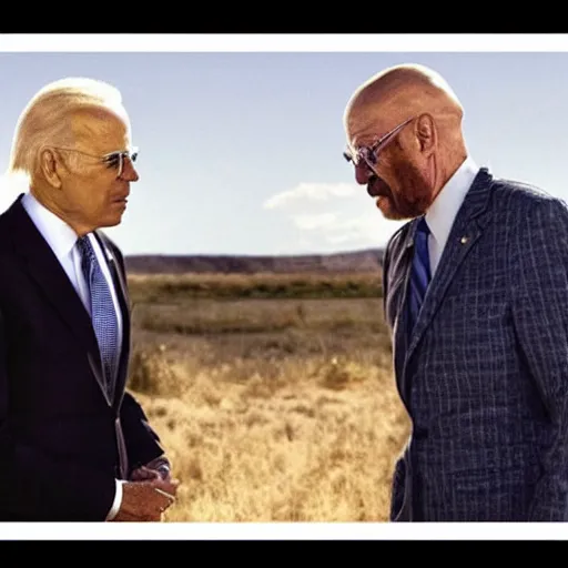 Image similar to “Very very photorealistic screenshot of Joe Biden and Walter White meeting in an episode of Breaking Bad, atmospheric lighting, award-winning”