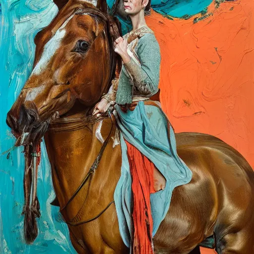 Image similar to high quality high detail expressionist painting of a woman on horseback by lucian freud and jenny saville and francis bacon and nicola samori, hd, anxiety, turquoise and orange