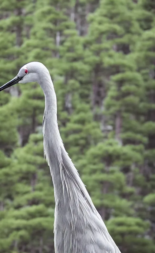 Prompt: portrait photo of a japense crane next to a forest of japanese pines and a lake, highly detailed, high resolution, national geographic photo, stunning, bokeh soft, 100mm, trending on instagram, by professional photographer, shot with a canon, low saturation