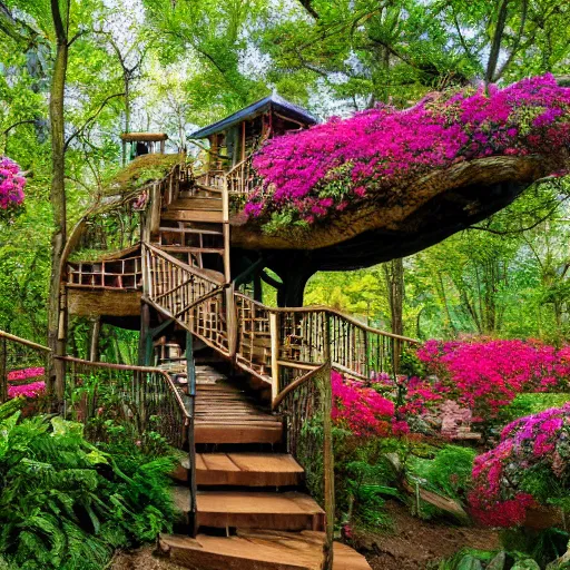 Image similar to a staircase to a treehouse covered in flowers, hd, high detail, vivid color