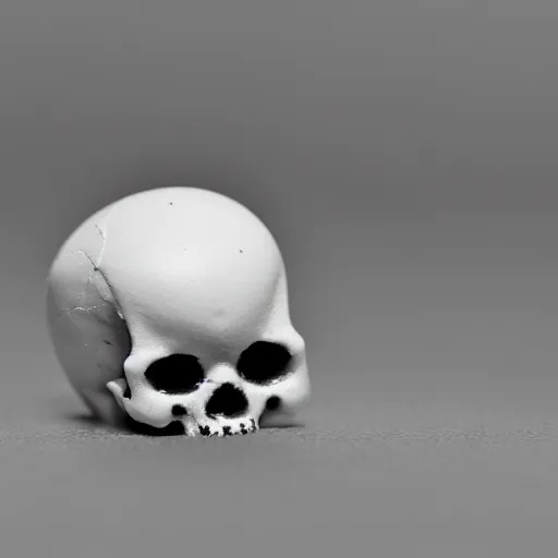 Image similar to a tiny, pristine white human Skull, plain black background, close-up macro photography, bokeh, shallow focus