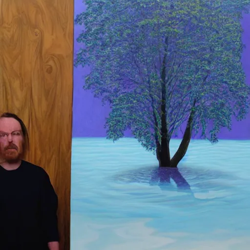 Image similar to an optical illusion painting of Walter white amidst a painting of trees water and sky
