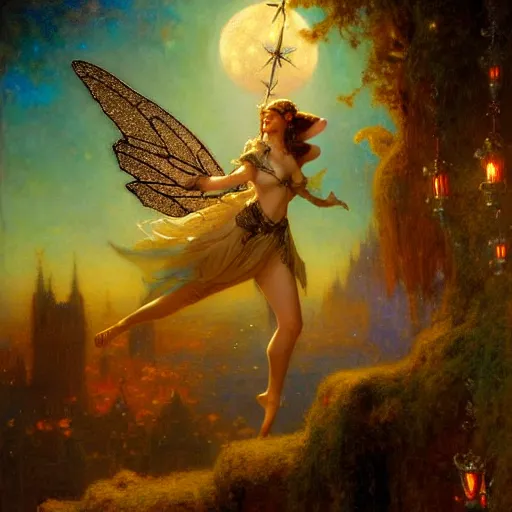 Image similar to attractive fairy queen fly high in the night, fantasy, full moon in background. hyper detailed painting by gaston bussiere, craig mullins, j. c. leyendecker, mid shot, 8 k, cryengone, cinematic lighting, beautiful,