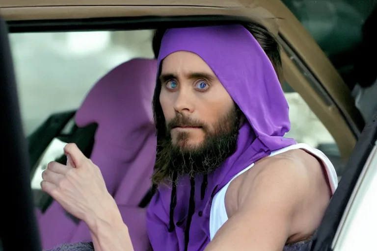 Image similar to medium full shot of jared leto as a white gang member wearing a purple head covering made from a polyester or nylon material and a white tank top inside a car doing a drive - by shooting in the new movie directed by ice cube, movie still frame, arms covered in gang tattoo, promotional image, critically condemned, top 1 5 worst movie ever imdb list, public condemned, relentlessly detailed