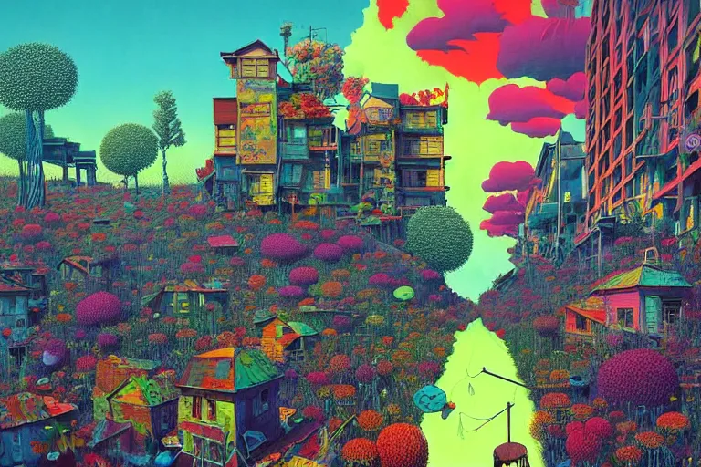 Image similar to surreal glimpse into other universe, seattle, summer morning, very coherent and colorful high contrast, art by!!!! gediminas pranckevicius!!!!, geof darrow, floralpunk screen printing woodblock, dark shadows, hard lighting, stipple brush technique,