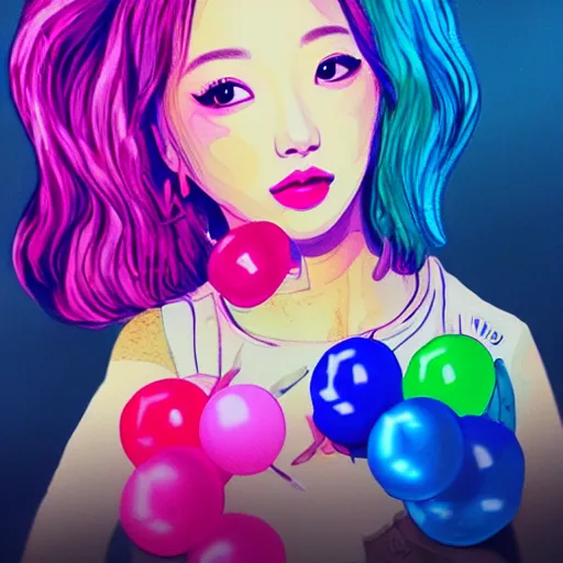 Prompt: an illustration of im nayeon of twice, bubbles, candy flavored, color restoration