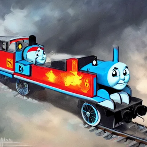 Image similar to concept art of thomas the tank engine committing war crimes, 4 k, trending on artstation, concept art, painterly brush strokes