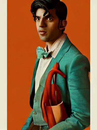 Image similar to artwork by Saul Leiter and Enjolras Delphin and Wes Anderson, of a solo individual portrait of an Indian guy with lilies, dapper, simple illustration, domestic, nostalgic, full of details, Matte painting, trending on artstation and unreal engine