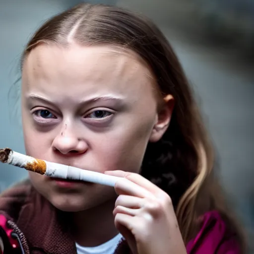 Image similar to hyper - realistic studio photograph of greta thunberg smoking a cigarette