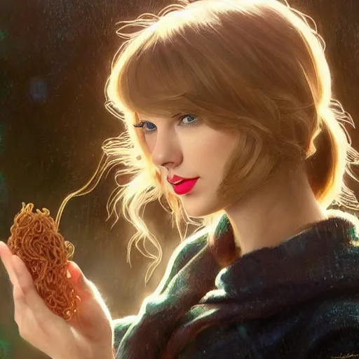 Image similar to taylor swift as a college student, eating ramen, bokeh, beautiful face!!!!, 2 7 years old, cg animation, lifelike, animated, realistic, character select portrait, by artgerm, greg rutkowski, alphonse mucha, anne liebovitz, 3 d