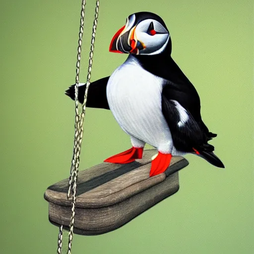 Image similar to realistic puffin sitting on a swing, hyper detailed, trending on artstation