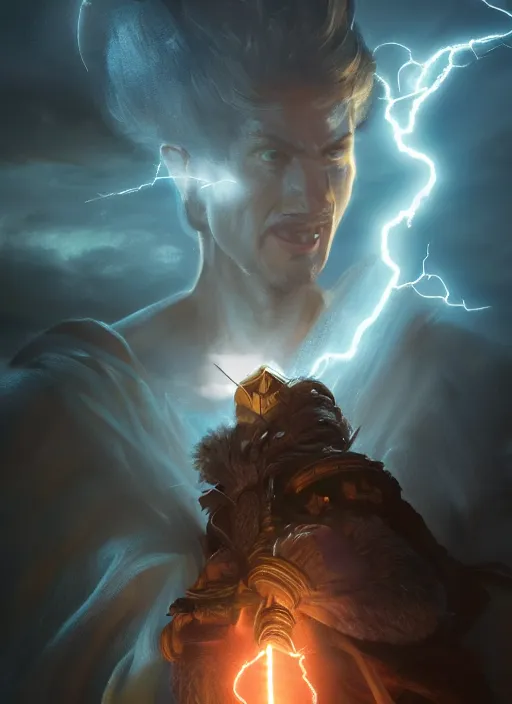 Image similar to god of light holding a lightning bold, dramatic lighting, slight bokeh on background, cinematic, portrait shot, extremely high detail, foto realistic, cinematic lighting, post processed, concept art, artstation, matte painting, blizzard studio, wow, style by eddie mendoza, raphael lacoste, alex ross