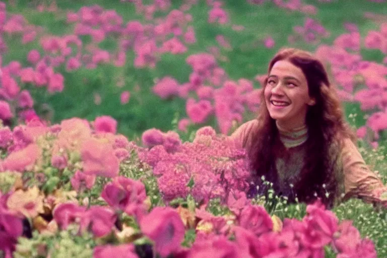 Prompt: vhs 1 9 8 0 s cinema footage of a woman surrounded by giant beautiful flowers smiling at a fire, scene from the movie midsommar, directed by ari aster, vintage film grain