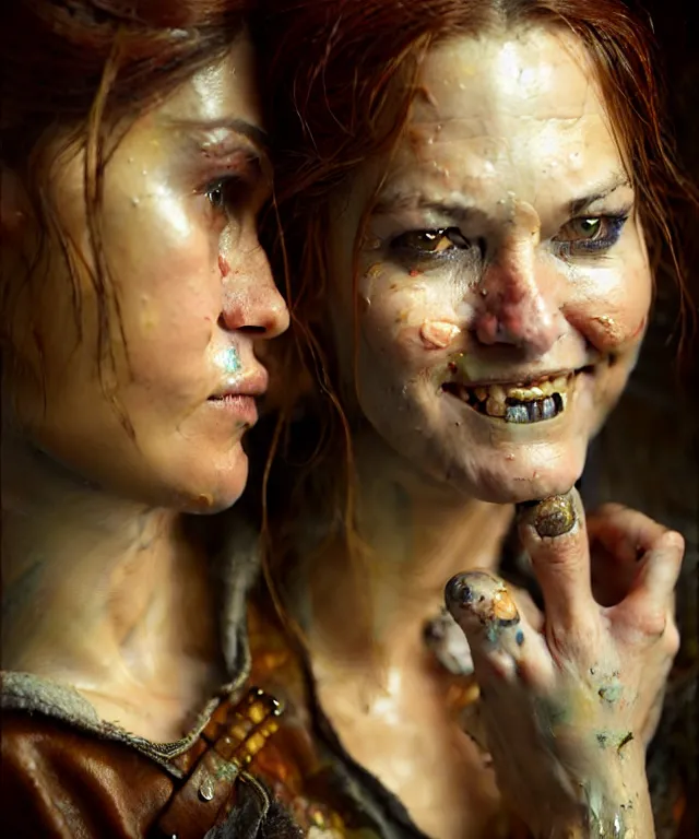 Image similar to hyperrealistic mixed media painting of a beautiful grinning female rogue, dimly lit cozy tavern, leather tunic, confident relaxed pose, d&d, stunning 3d render inspired art by Tim Okamura and Lise Deharme + perfect facial symmetry + dim volumetric lighting, 8k octane beautifully detailed render, post-processing, extremely hyperdetailed, intricate, epic composition, grim yet sparkling atmosphere, cinematic lighting + masterpiece, trending on artstation, very very detailed, masterpiece, stunning