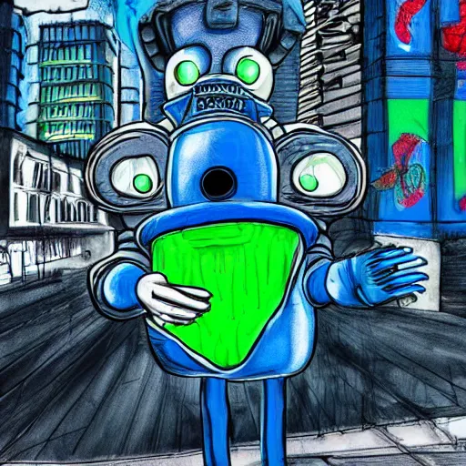 Prompt: blue robot ghost wearing a letterman jacket and genie pants, v mouth, cow lick hair practicing magic in a green slime filled city realistic art wide angle view realistic high detail