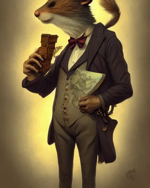 Prompt: anthropomorphic art of a detective gopher, victorian inspired clothing by artgerm, victo ngai, ryohei hase, artstation. fractal papersand books. highly detailed digital painting, smooth, global illumination, fantasy art by greg rutkowsky, karl spitzweg