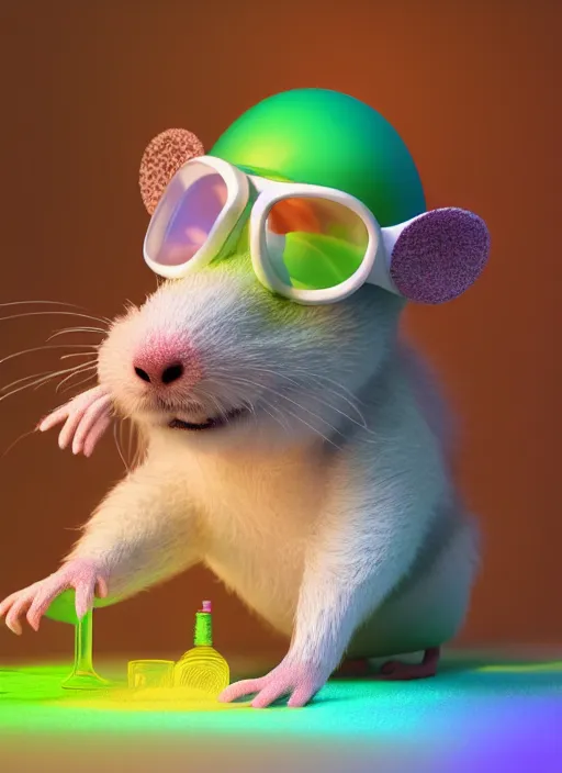 Image similar to a 3D render of a cute fuzzy pet rat dressed in a white lab coat and safety goggles, mixing colorful chemicals in a chemistry lab, bokeh, Canon 50mm, cinematic lighting, volumetric light, octane, octane render, redshift render