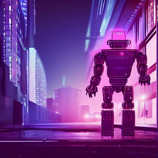 Prompt: hyperrealistic cyberpunk style poster with a robot, purple color theme, dramatic lighting