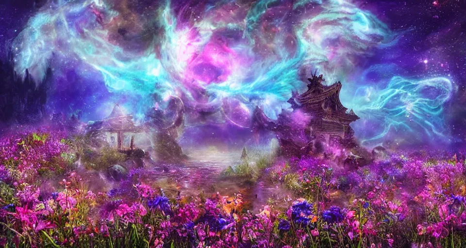 Image similar to a large alien shrine shrouded by mystic nebula magic in a field of flowers, breath - taking beautiful flowers, streams, nebula, and mist, an aesthetically pleasing, dynamic, energetic, lively, complex, intricate, detailed, well - designed digital art of magic, streams, flowers, and mist, early morning, light and shadow