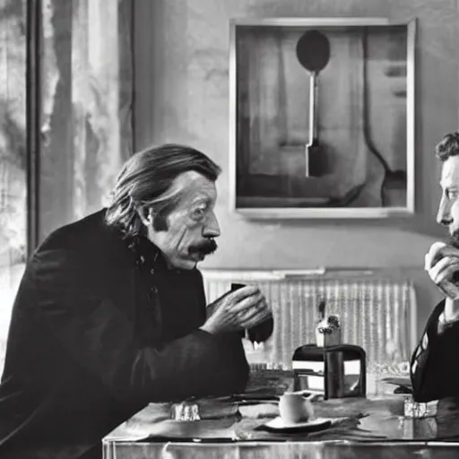 Prompt: jean rochefort and mathieu amalric, symmetric, realistic, realism, early 2 0 th century gentlemen, sitting at coffee table, smoking a cigar.