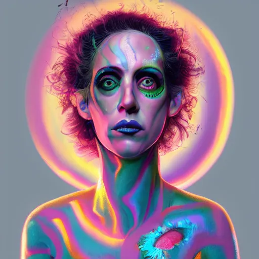 Prompt: hyperdetailed portrait of kristen schaal as delirium of the endless, colourful make up, the sandman, made by caravaggio stanley artgerm lau wlop rossdraws artstation cgsociety concept art cgsociety octane render